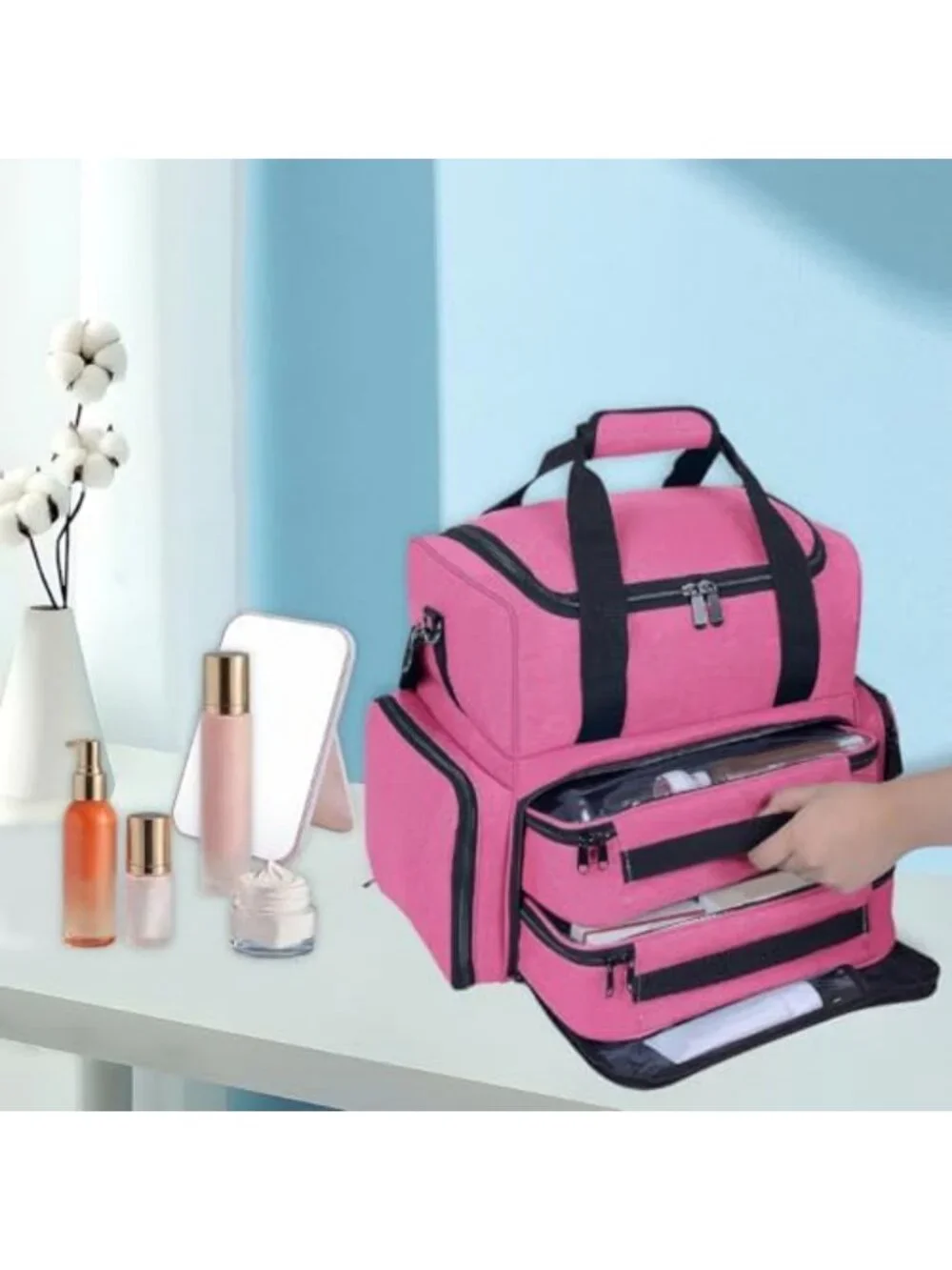 Spacious Red Makeup Bag with 2 Removable Cases - Perfect for Travel